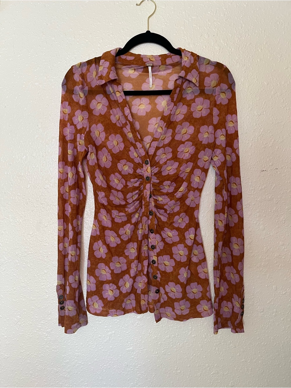 Free people Women’s Rust Floral Button-Front Long Sleeve Top